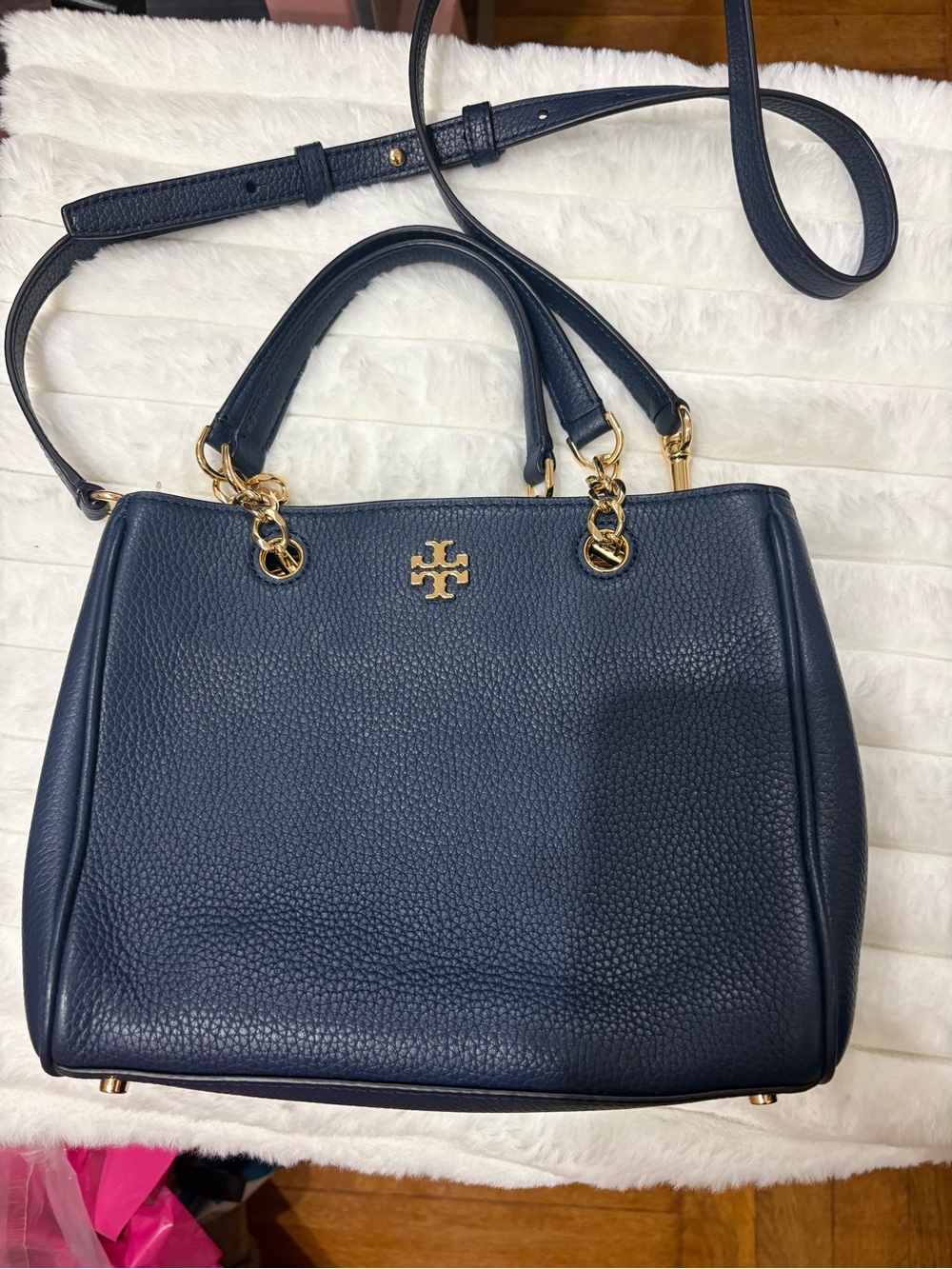 Tory Burch Navy Pebbled Leather Satchel with Gold Hardware